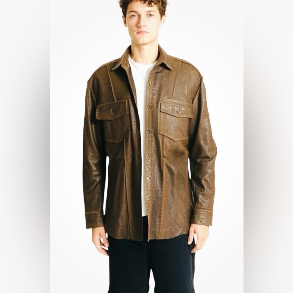 Vintage $500 Murano Sport Men’s 2XL Lamb Skin Brown Leather Shirt Jacket Coat